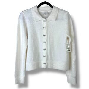 NEW Nikka K Winter White Chenille Rhinestone Bow Collar Sweater Cardigan Medium